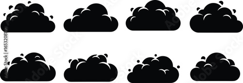 Black cloud icon set, cartoon style, weather symbol, vector graphic, forecast illustration, decorative clipart, atmospheric design element, stylized sky shapes