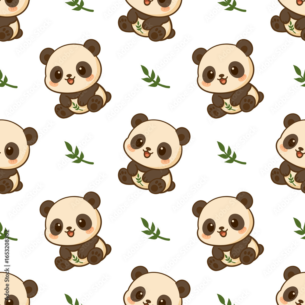 Obraz premium Cute kawaii panda with green leaf seamless pattern in a playful and minimal cartoon design
