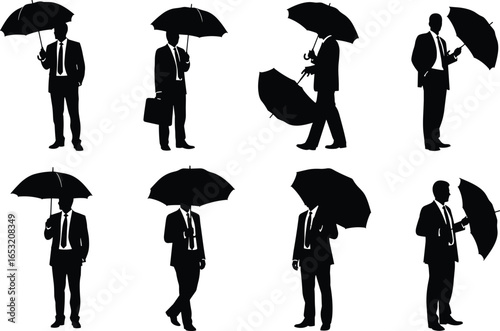Businessperson silhouette, umbrella holding figure, walking businessman vector, corporate people clipart, rainy day graphic, formal attire illustration, urban commuter art, weather protection design
