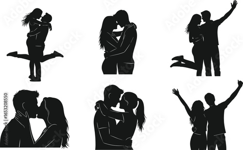Couple silhouette icons, romantic poses, love embrace, kissing couple, affectionate stance, relationship vector, black and white, romantic illustration, partners, lovers, passion