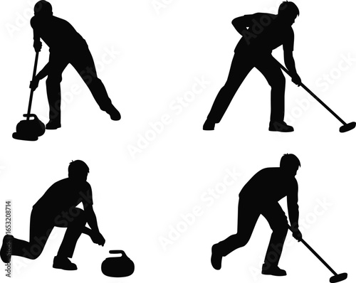 Curling silhouettes, athletes sweeping ice, delivering stone, crouching release, competitive winter sport poses, dynamic motion, teamwork, strategy, Olympic championship, icy arena action