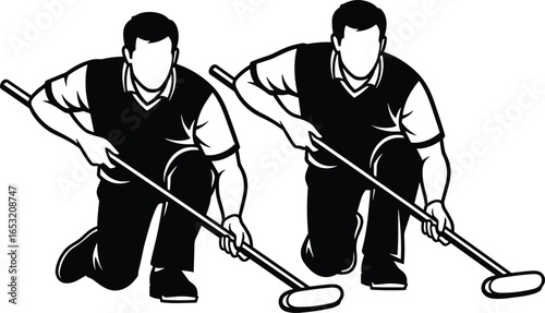 Curling sweepers silhouette and outline, kneeling position, broom sweeping action, winter sport teamwork, ice arena competition, Olympic curling match, precision technique