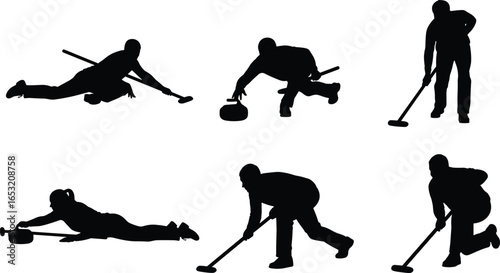 Curling sport silhouettes, athletes sweeping ice, delivering stone, sliding poses, winter sports activity, competitive game, team players, curling techniques, action movement, strategy