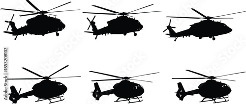 Helicopter silhouettes set, military and civilian, side view, rotor blades, landing gear, aviation design, aircraft collection, black vector illustration