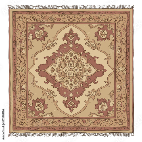 Square persian rug with ornate floral patterns in beige and brown tones. Vector illustration