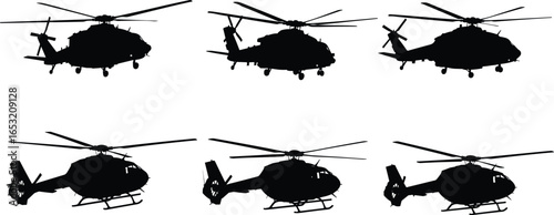 Helicopter silhouettes set, military and civilian, various models, rotor blades, landing gear, aviation design, aircraft collection, black vector illustration