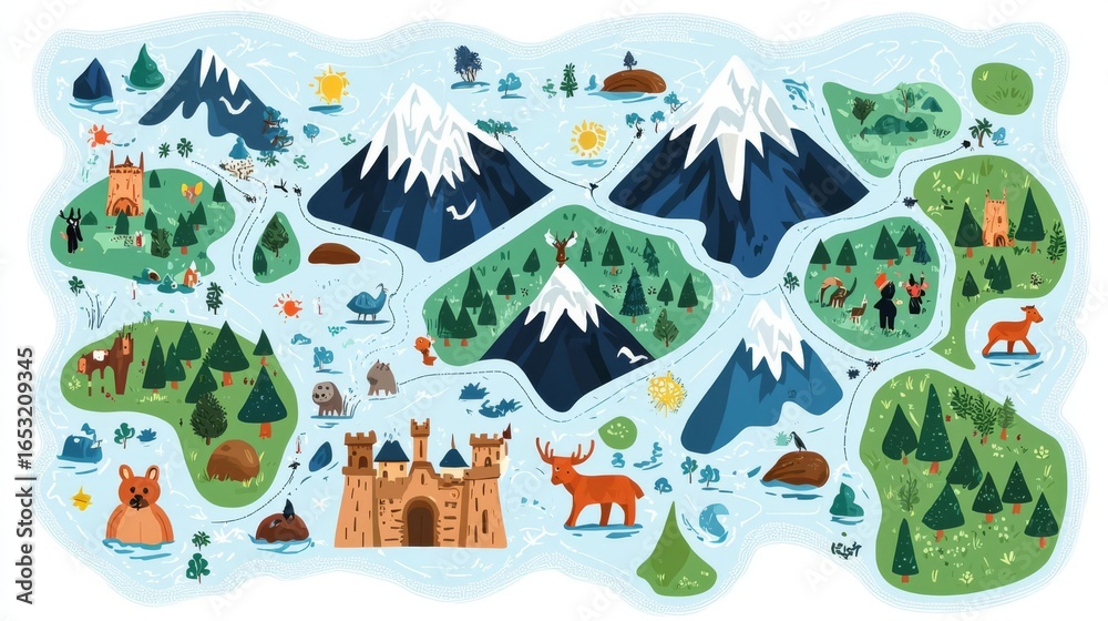 Fototapeta premium A colorful illustrated map featuring mountains, forests, and animals, perfect for adventure and exploration themes.