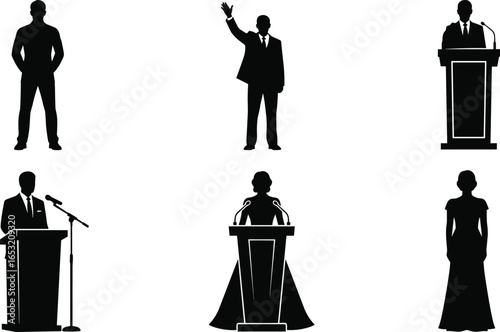 Public speaking silhouettes set, podium speakers, formal presentation poses, waving, standing figures, conference event, communication concept, professional attire, vector illustration