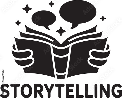 Immersive Storytelling Illustration with Book, Hands, Stars, and Speech Bubbles Design