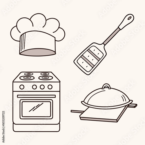Chef Hat, Oven, Frying Pan, and Spatula in Minimalistic Style