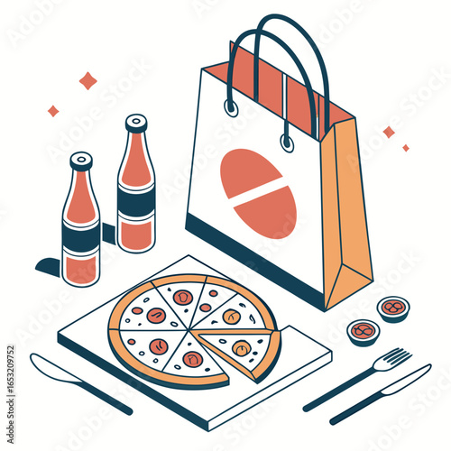 Pizza Delivery with Drinks and Utensils in a Takeout Bag - Illustration, Graphic Style