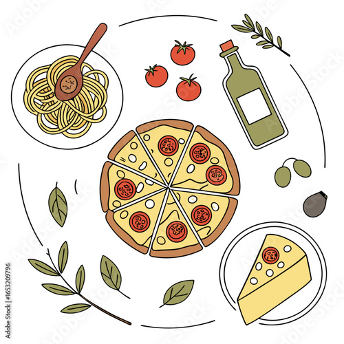 Top View of Pasta, Pizza, Olive Oil, and Tomatoes in a Cozy Kitchen Setting