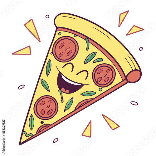 Happy Pizza Slice with Pepperoni Toppings Celebrating Food Fun in a Whimsical Style