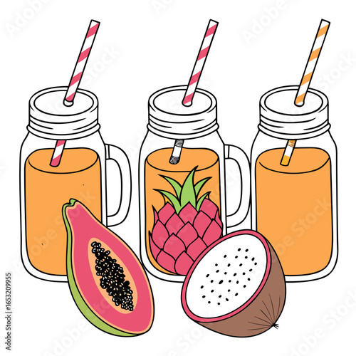 Colorful Smoothies with Fruits and Straws Vector Graphic
