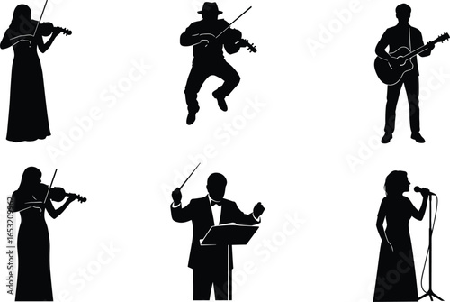 Silhouettes of musicians playing violin, guitar, conducting, and singing, black figures on white background, diverse live music performance scene, artistic style