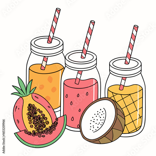 Colorful Smoothies with Fruits and Straws Vector Graphic

