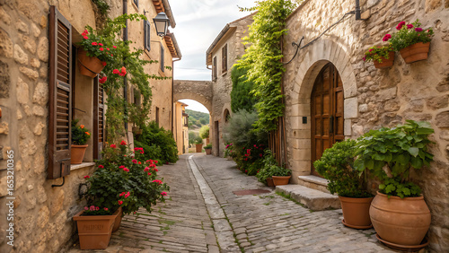 Alleyway in a rustic European village, lined with stone buildings.