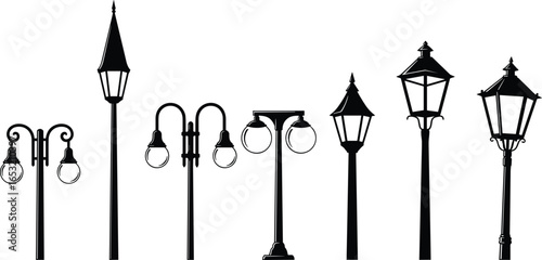 Street lamp silhouette, vintage lantern design, modern light post, outdoor lighting vector, decorative lamp post art, urban streetlight graphic, public space illumination