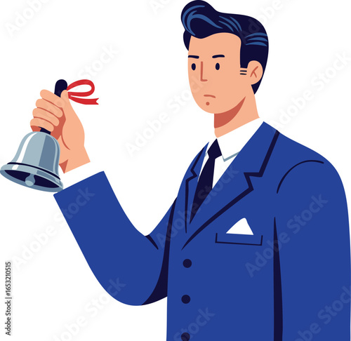 Man in blue suit ringing small bell illustration in formal attire holding bell with red ribbon 