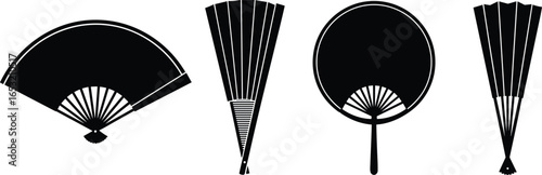 Traditional folding fan collection, round hand fan, Asian cultural accessory, Japanese and Chinese style, ceremonial, decorative, antique design, artistic patterns