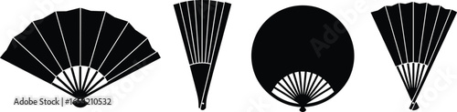 Traditional folding fan set, round hand fan, Asian cultural accessory, Japanese and Chinese design, ceremonial, decorative, antique style, artistic craftsmanship