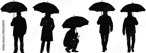 Umbrella silhouette, people holding umbrella, human figure clipart, rainy day vector, outdoor weather art, standing squatting poses, posture illustration, protective rain design