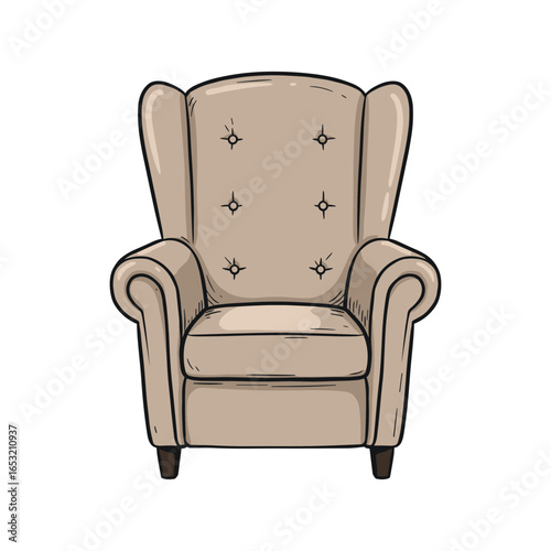 Beige wingback armchair with tufted design and wooden legs. Vector illustration