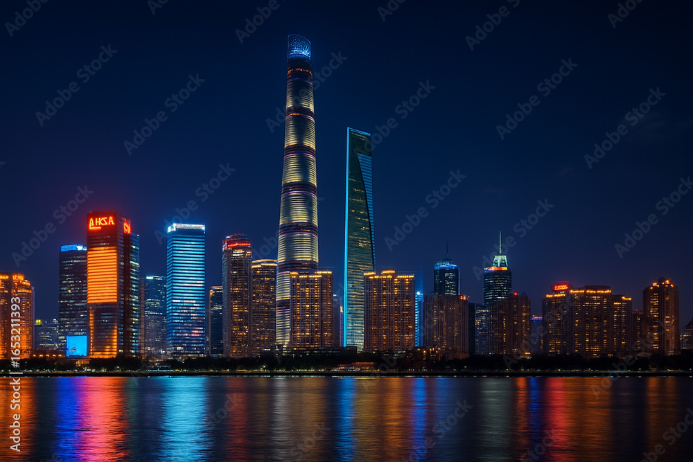 Fototapeta premium Modern City Skyline at Night - Ai generated 