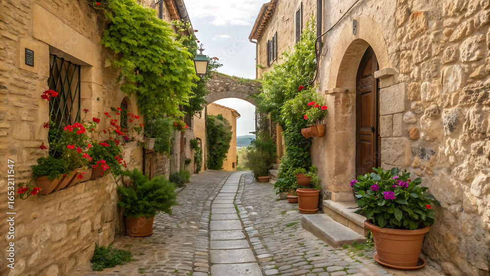 Fototapeta premium Alleyway in a rustic European village, lined with stone buildings.