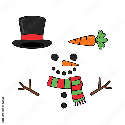 A cute snowman made of parts including a hat, carrot, and scarf isolated on transparent background