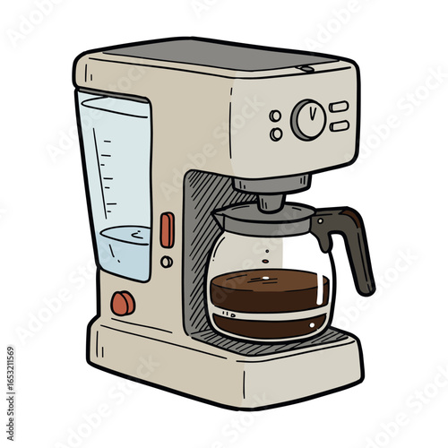 Modern electric drip coffee maker with glass carafe and control panel. Vector illustration