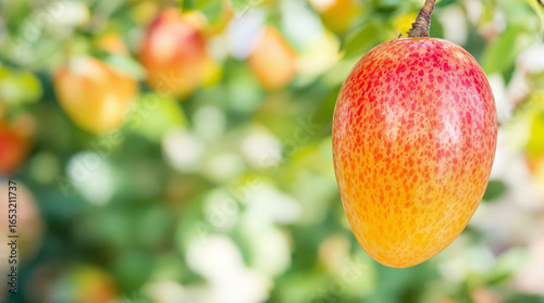 Ripe Mango Hanging on Tree Branch, Tropical Fruit Close-Up