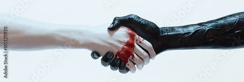 Two hands, one white, one dark, meet in a bloody handshake