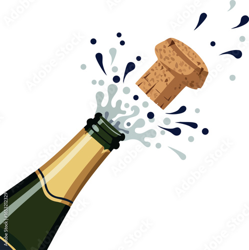 Champagne bottle popping cork with sparkling bubbles celebration vector illustration 