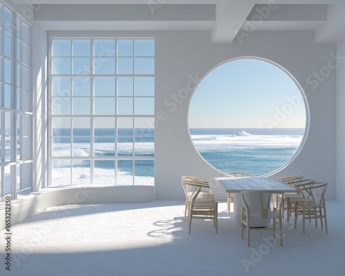 Bright seaside room with large round window, table and chairs overlooking ocean