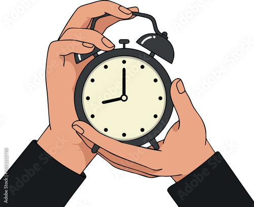 Hands Holding Classic Black Alarm Clock Illustration with Beige Face and Minimalist Design 