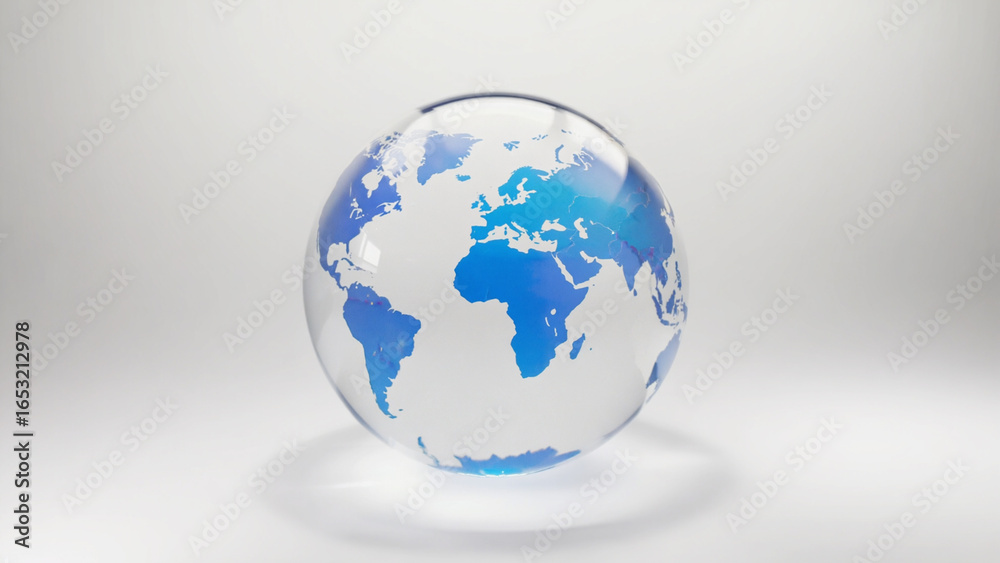 Fototapeta premium Blue Glass Globe Showing World Continents on White Surface