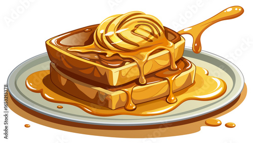 Golden caramel sauce decadently poured over a slice of fresh brioche bread white background