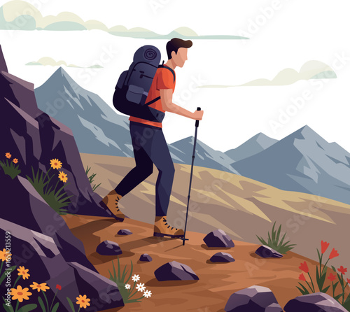 Male hiker trekking mountain trail with backpack and walking sticks vector illustration 