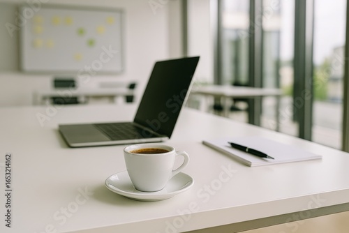 A quick coffee break in a bright, contemporary office environment. The espresso cup on the desk provides a moment of refreshment during a busy day of work, meetings, and planning sessions.


