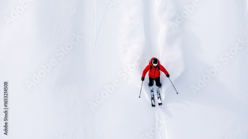 Aerial view of a skier wearing a red jacket skiing down a snowy slope, leaving tracks in the fresh powder snow