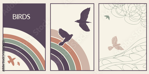 minimalist bird wall art set with muted rainbow and nature silhouettes contemporary prints