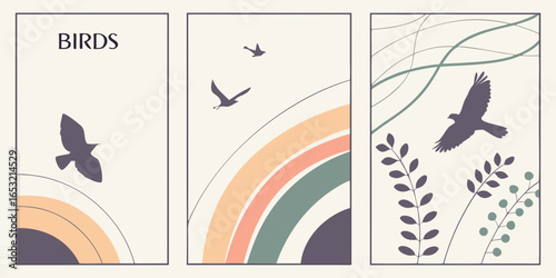 minimalist bird wall art prints with rainbow arches and botanical elements design set