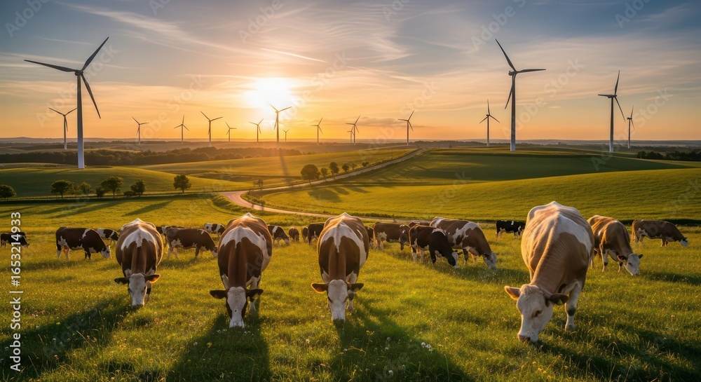 custom made wallpaper toronto digitalCows graze peacefully in a sunlit meadow with wind turbines on the horizon