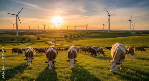 Cows graze peacefully in a sunlit meadow with wind turbines on the horizon
