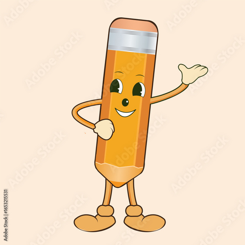 Pencil character, with face, arms, legs, pencil, mascot, groove style, rubber band, pencil smiling, stationery, drawing