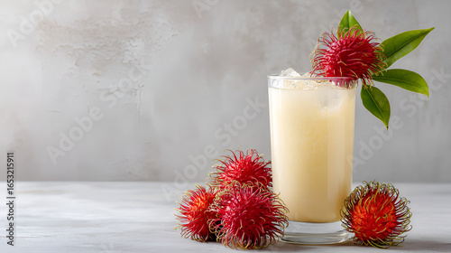 Refreshing rambutan juice with ice, garnished with fruit and leaves on a neutral background.