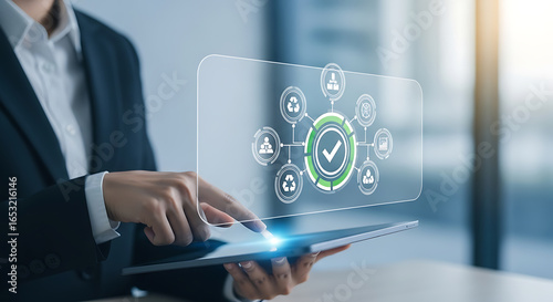 Environmental compliance shown on digital interface for corporate responsibility reporting