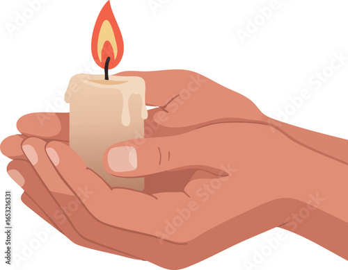 Hands holding burning candle with flame light and warm glow vector illustration 