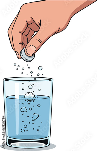Hand Dropping Effervescent Tablet into Glass of Water Illustration for Health and Hydration 